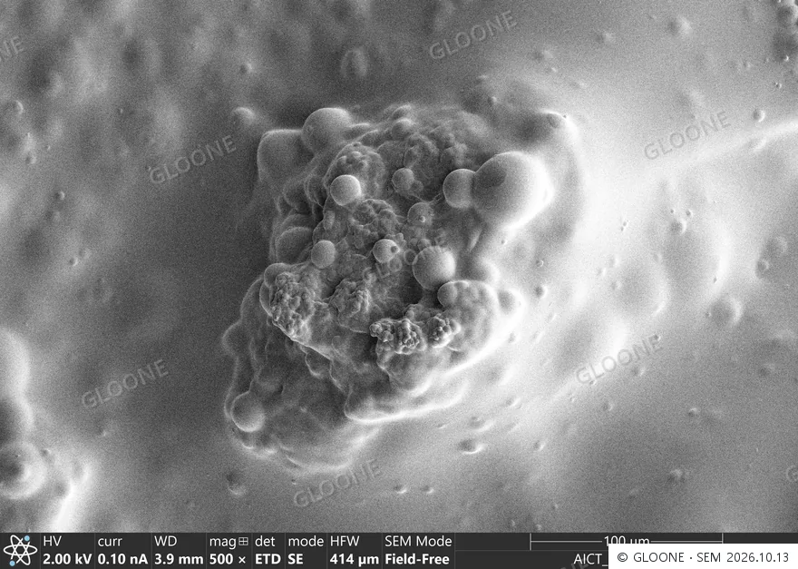 SEM de uma amostra de produção de microesferas de PLLA · 500×